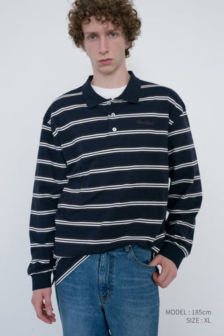 UNISEX MULTI STRIPE COLLARED T-SHIRT NAVY STRIPE