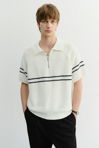 HALF ZIP-UP STRIPED POLO KNIT WHITE