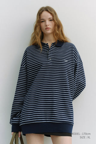 UNISEX STRIPED LOGO COLLARED T-SHIRT NAVY