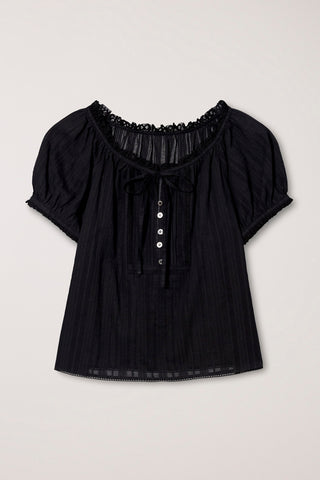RIBBONED SHIRRING BLOUSE BLACK