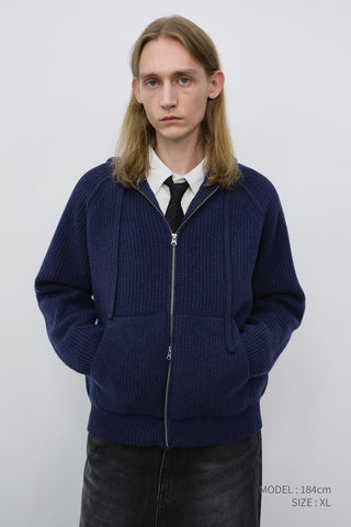 UNISEX HOODED KNIT CARDIGAN DARK BLUE