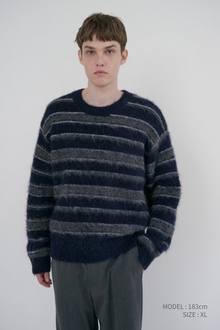 UNISEX STRIPED HAIRY SWEATER NAVY GREY