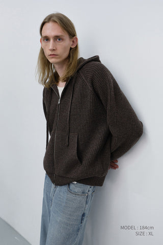 UNISEX HOODED KNIT CARDIGAN BROWN