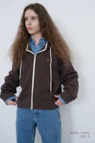 UNISEX LEATHER LOGO ZIP-UP HOODIE BROWN