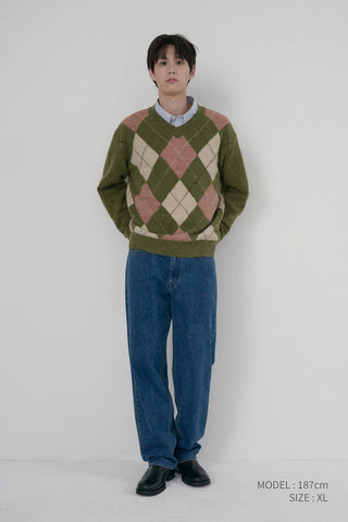 UNISEX HAIRY ALPACA ARGYLE SWEATER OLIVE KHAKI