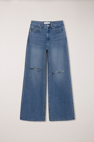 DAMAGED WIDE JEANS CLASSIC BLUE
