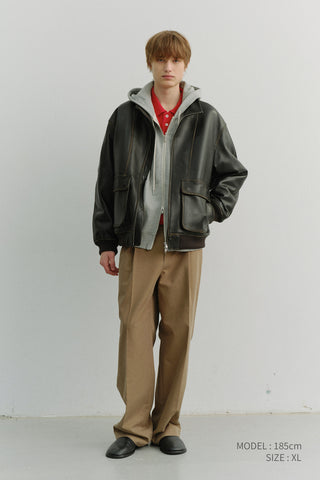 UNISEX LEATHER LOGO ZIP-UP HOODIE MELANGE GREY