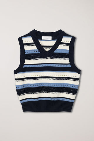 UNISEX CRAFTED STRIPED KNIT VEST NAVY CREAM