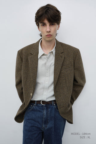 UNISEX CLASSIC 2 BUTTON WOOL BLAZER BROWN CHECK