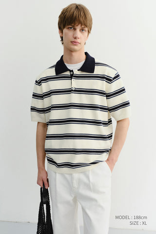 UNISEX MULTI STRIPED POLO KNIT CREAM NAVY
