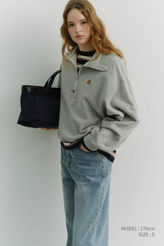 UNISEX LEATHER LOGO HALF ZIP-UP SWEATSHIRT MELANGE GREY