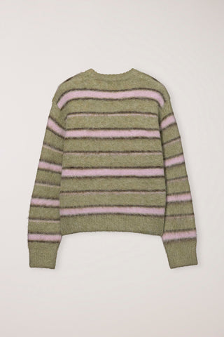 UNISEX STRIPED HAIRY SWEATER OLIVE PINK