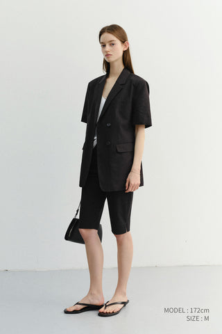 HALF SLEEVE BELTED LINEN JACKET BLACK