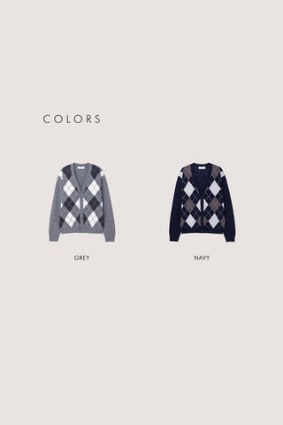 UNISEX V-NECK ARGYLE CARDIGAN GREY