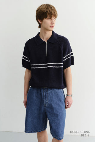 HALF ZIP-UP STRIPED POLO KNIT DARK NAVY