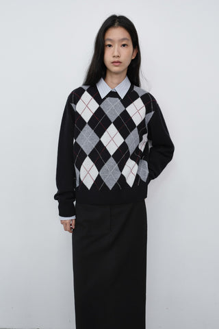UNISEX ARGYLE CREWNECK SWEATER BLACK