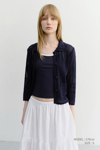 CROCHET COLLARED CARDIGAN NAVY
