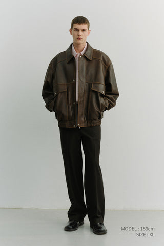 UNISEX OVERSIZED VINTAGE LEATHER BLOUSON BRUSHED BROWN