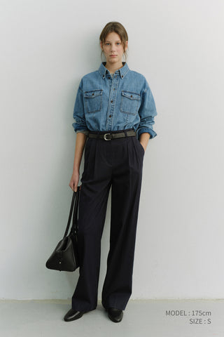 DOUBLE PLEATED CHINO SLACKS NAVY