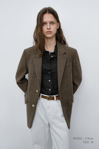 UNISEX CLASSIC 2 BUTTON WOOL BLAZER BROWN CHECK