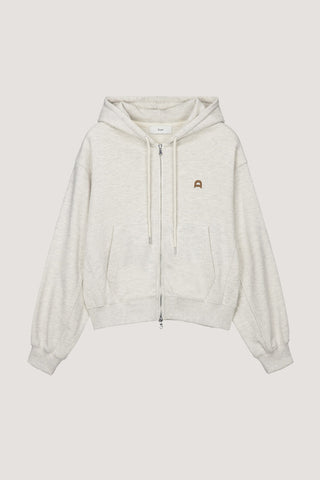 UNISEX LEATHER LOGO ZIP-UP HOODIE OATMEAL MELANGE