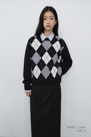 UNISEX ARGYLE CREWNECK SWEATER BLACK