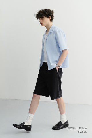 CROPPED OPEN COLLARED STRIPED SHIRT SOFT BLUE STRIPE