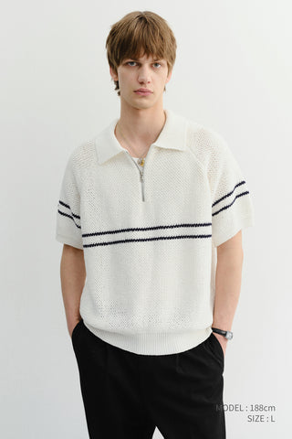 HALF ZIP-UP STRIPED POLO KNIT WHITE