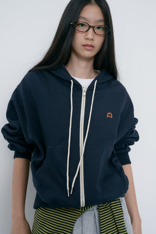 UNISEX LEATHER LOGO ZIP-UP HOODIE FRENCH NAVY