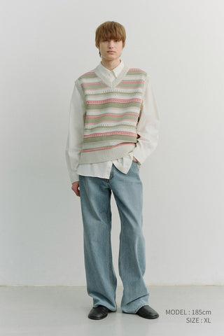 UNISEX CRAFTED STRIPED KNIT VEST IVORY MINT