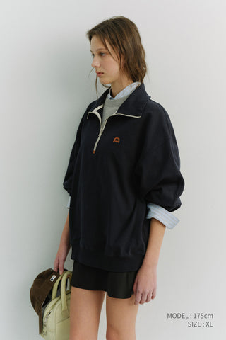 UNISEX LEATHER LOGO HALF ZIP-UP SWEATSHIRT FRENCH NAVY