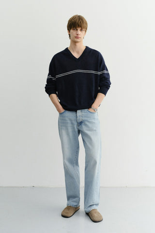 UNISEX V-NECK STRIPED SWEATER NAVY