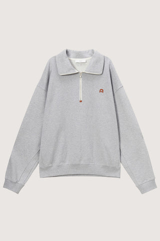 UNISEX LEATHER LOGO HALF ZIP-UP SWEATSHIRT MELANGE GREY