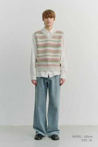 UNISEX CRAFTED STRIPED KNIT VEST IVORY MINT