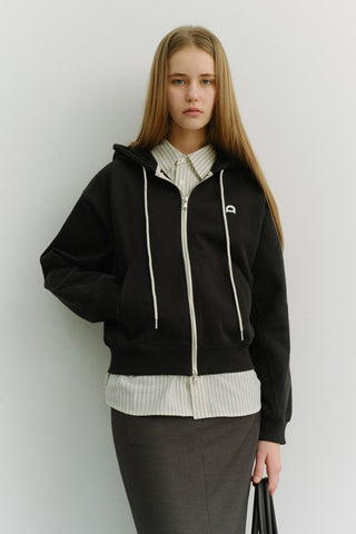 UNISEX LEATHER LOGO ZIP-UP HOODIE BLACK