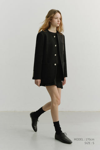 UNISEX COLLARLESS TWEED JACKET BLACK