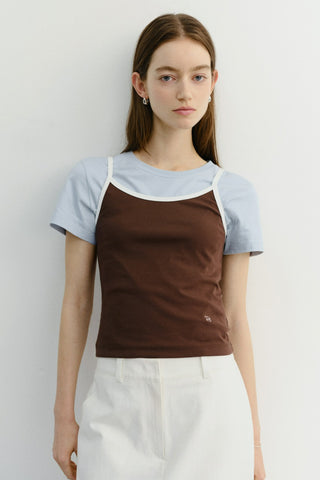 2-TONE TRIM SLEEVELESS TOP BROWN IVORY