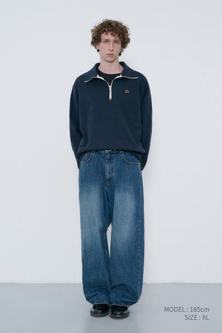 UNISEX LEATHER LOGO HALF ZIP-UP SWEATSHIRT FRENCH NAVY