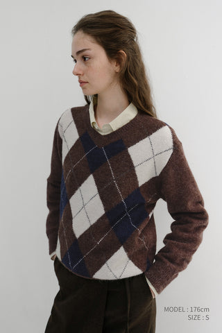 UNISEX HAIRY ALPACA ARGYLE SWEATER GREYISH BROWN