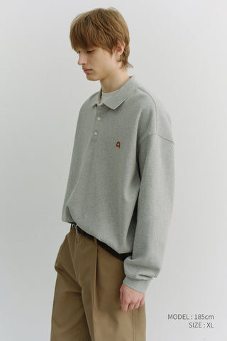 UNISEX LEATHER LOGO COLLARED T-SHIRT MELANGE GREY