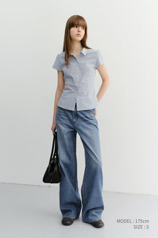 VINTAGE CAP SLEEVE SLIM SHIRT SOFT BLUE CHECK