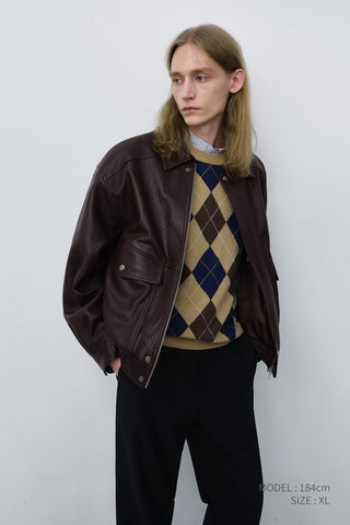 UNISEX OVERSIZED VINTAGE LEATHER BLOUSON BROWN