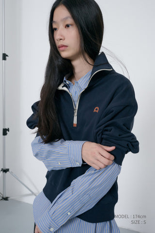 UNISEX LEATHER LOGO HALF ZIP-UP SWEATSHIRT FRENCH NAVY