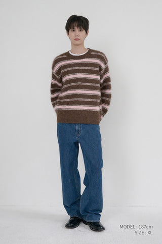 UNISEX STRIPED HAIRY SWEATER BROWN PINK