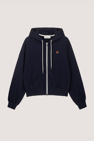 UNISEX LEATHER LOGO ZIP-UP HOODIE FRENCH NAVY