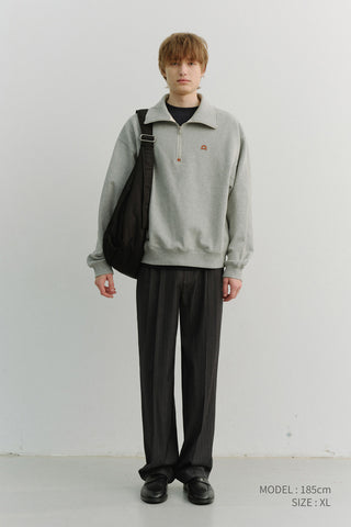 UNISEX LEATHER LOGO HALF ZIP-UP SWEATSHIRT MELANGE GREY
