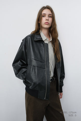 UNISEX STAND COLLARED LEATHER BLOUSON BLACK