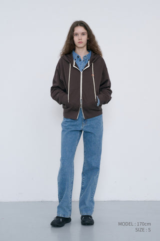 UNISEX LEATHER LOGO ZIP-UP HOODIE BROWN