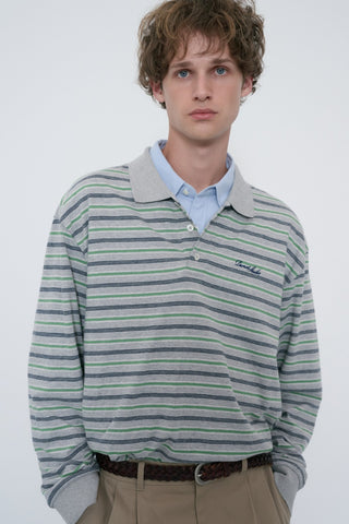 UNISEX MULTI STRIPE COLLARED T-SHIRT MELANGE GREY STRIPE