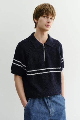 HALF ZIP-UP STRIPED POLO KNIT DARK NAVY